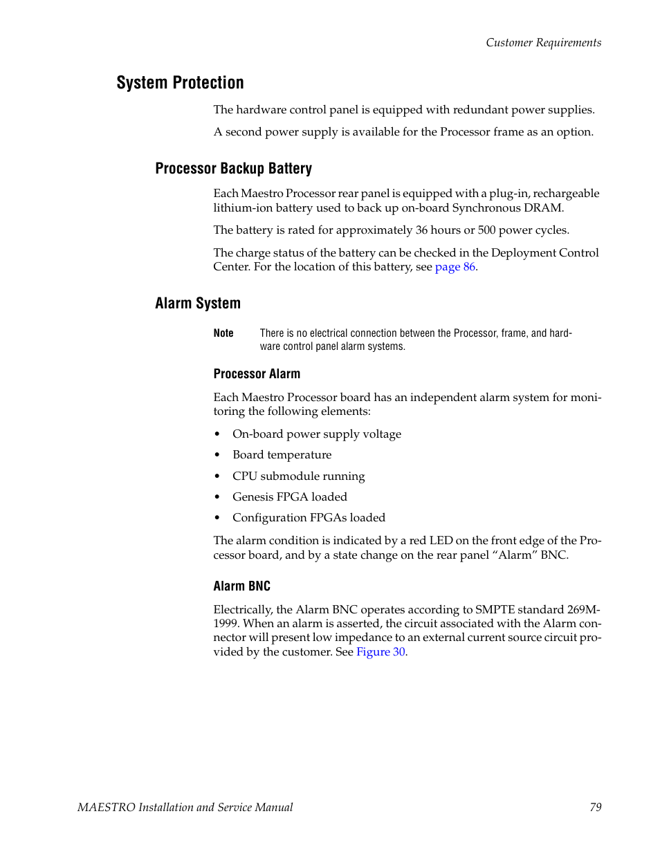 System protection, Processor backup battery, Alarm system | Grass Valley Maestro Master Control Installation v.2.4.0 User Manual | Page 79 / 428