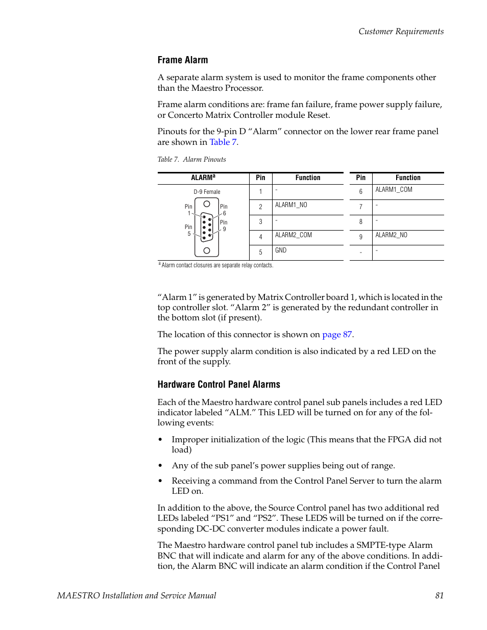 Frame alarm, Hardware control panel alarms | Grass Valley Maestro Master Control Installation v.2.4.0 User Manual | Page 81 / 428