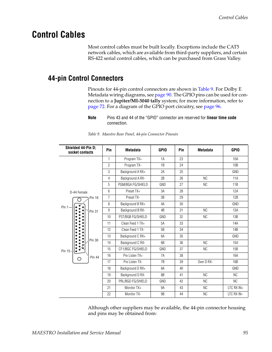 Control cables, Pin control connectors, Pin control connec- tors | Grass Valley Maestro Master Control Installation v.2.4.0 User Manual | Page 95 / 428
