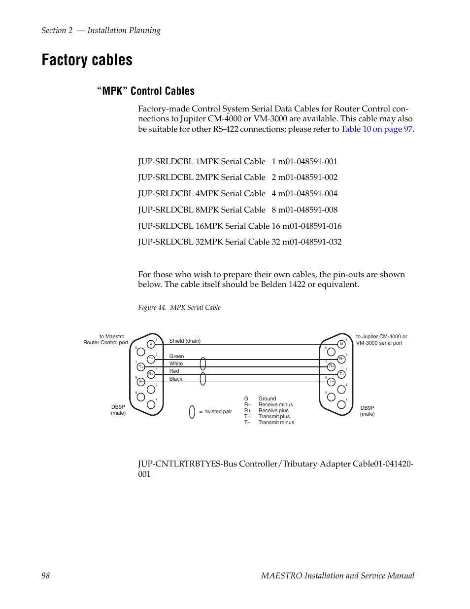 Factory cables, Mpk” control cables | Grass Valley Maestro Master Control Installation v.2.4.0 User Manual | Page 98 / 428