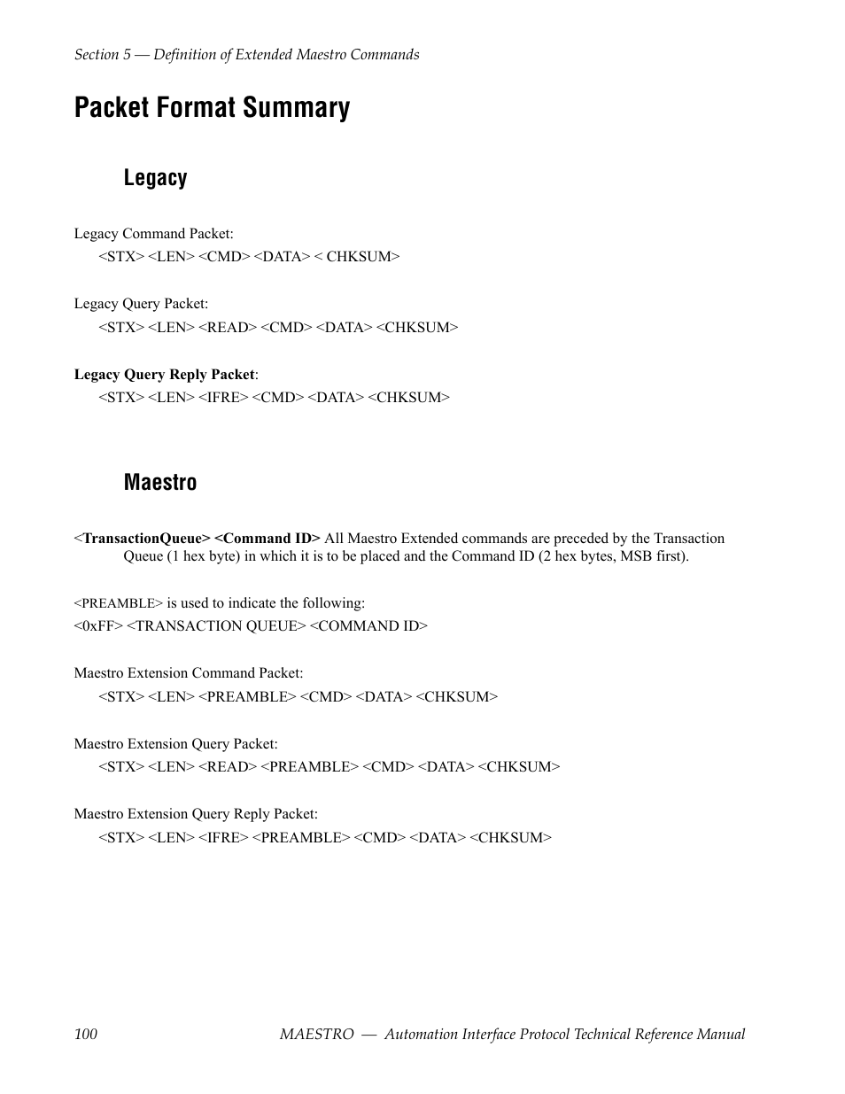 Packet format summary, Legacy, Maestro | Grass Valley Maestro Master Control Reference Manual v.2.4.0 User Manual | Page 100 / 178