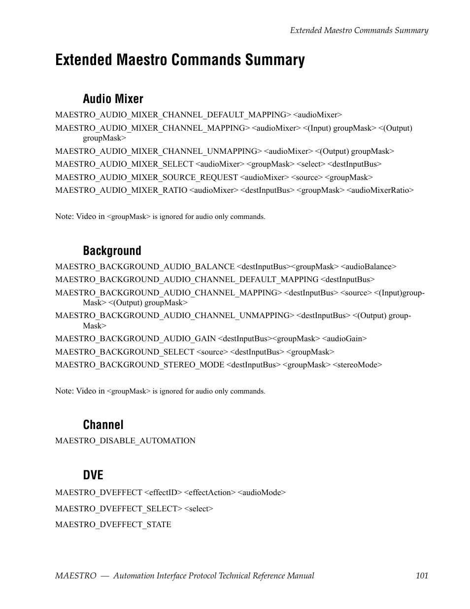 Extended maestro commands summary, Audio mixer, Background | Channel | Grass Valley Maestro Master Control Reference Manual v.2.4.0 User Manual | Page 101 / 178