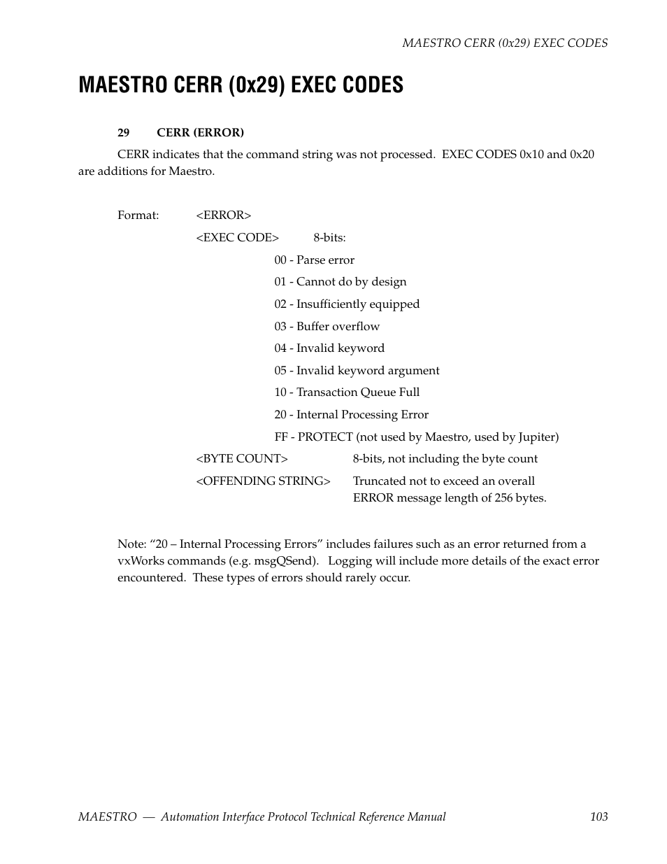 Maestro cerr (0x29) exec codes | Grass Valley Maestro Master Control Reference Manual v.2.4.0 User Manual | Page 103 / 178