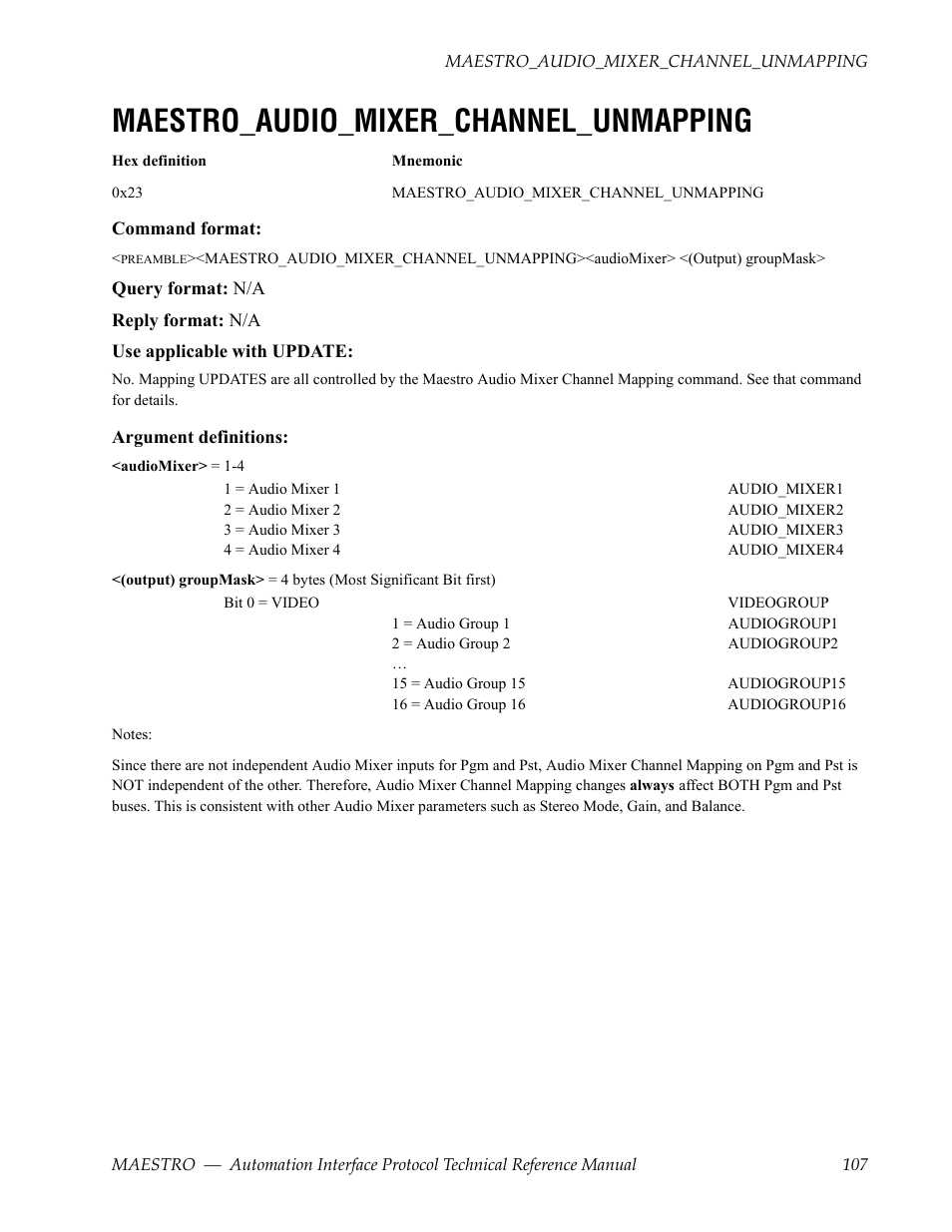 Maestro_audio_mixer_channel_unmapping | Grass Valley Maestro Master Control Reference Manual v.2.4.0 User Manual | Page 107 / 178