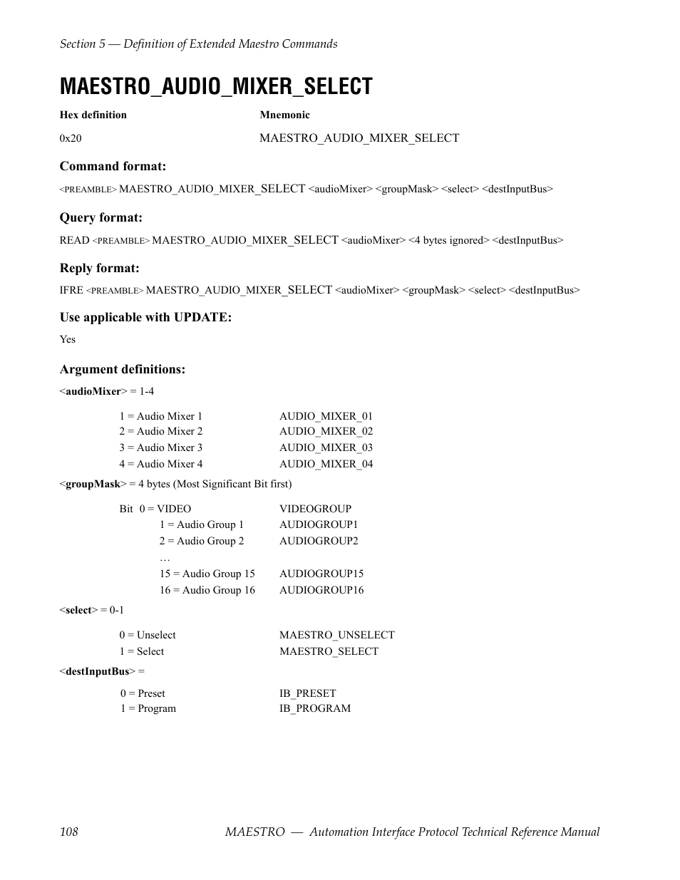 Maestro_audio_mixer_select | Grass Valley Maestro Master Control Reference Manual v.2.4.0 User Manual | Page 108 / 178