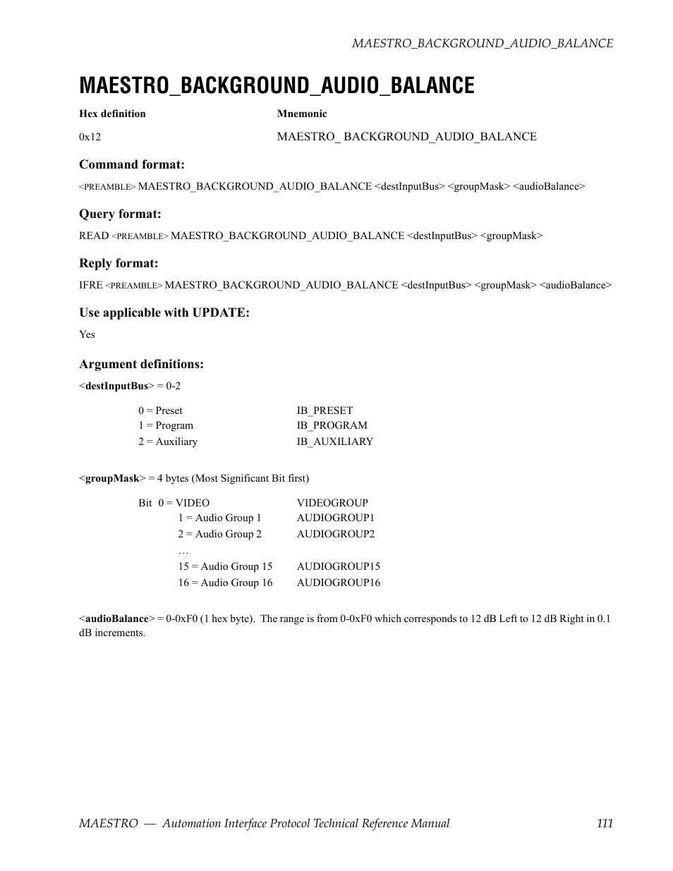 Maestro_background_audio_balance | Grass Valley Maestro Master Control Reference Manual v.2.4.0 User Manual | Page 111 / 178