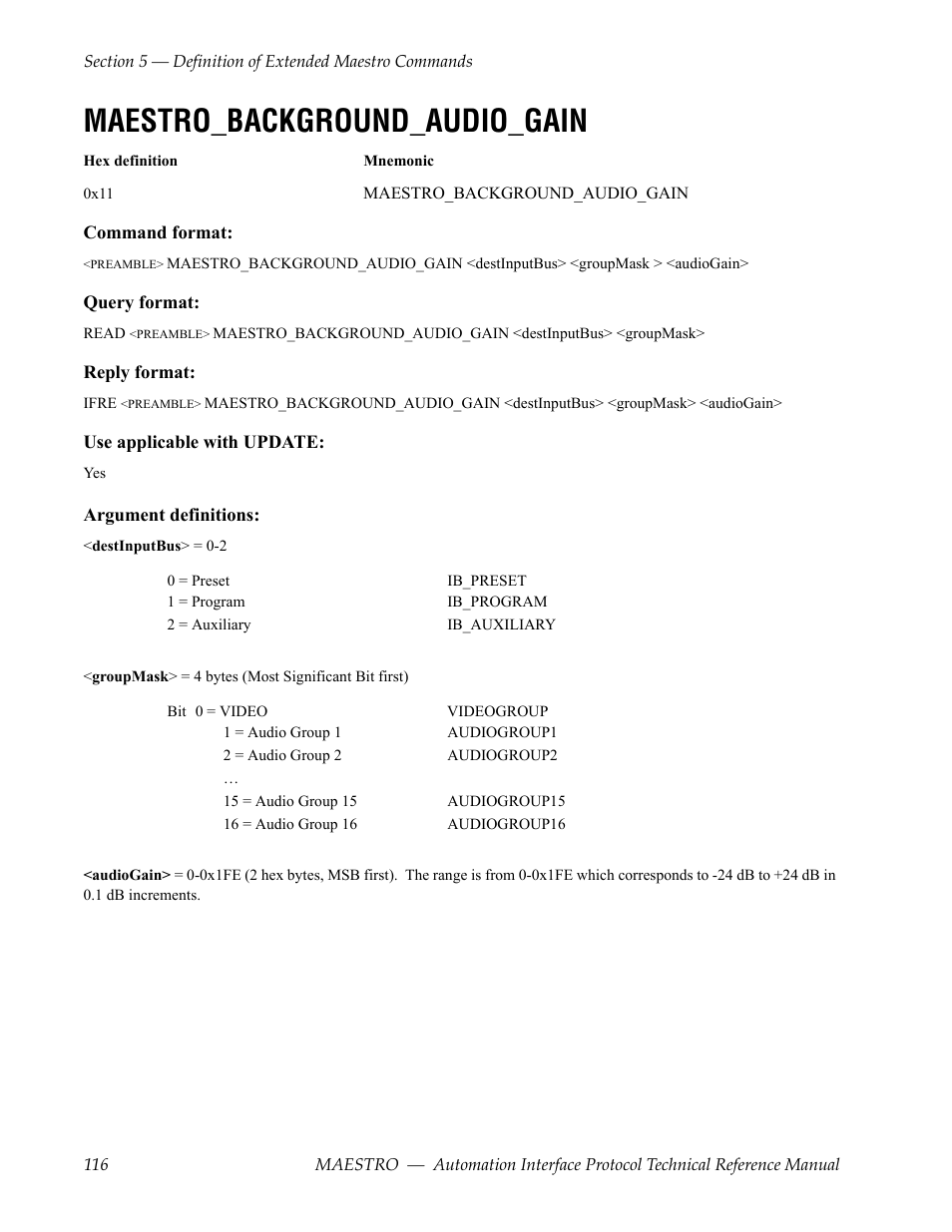 Maestro_background_audio_gain | Grass Valley Maestro Master Control Reference Manual v.2.4.0 User Manual | Page 116 / 178