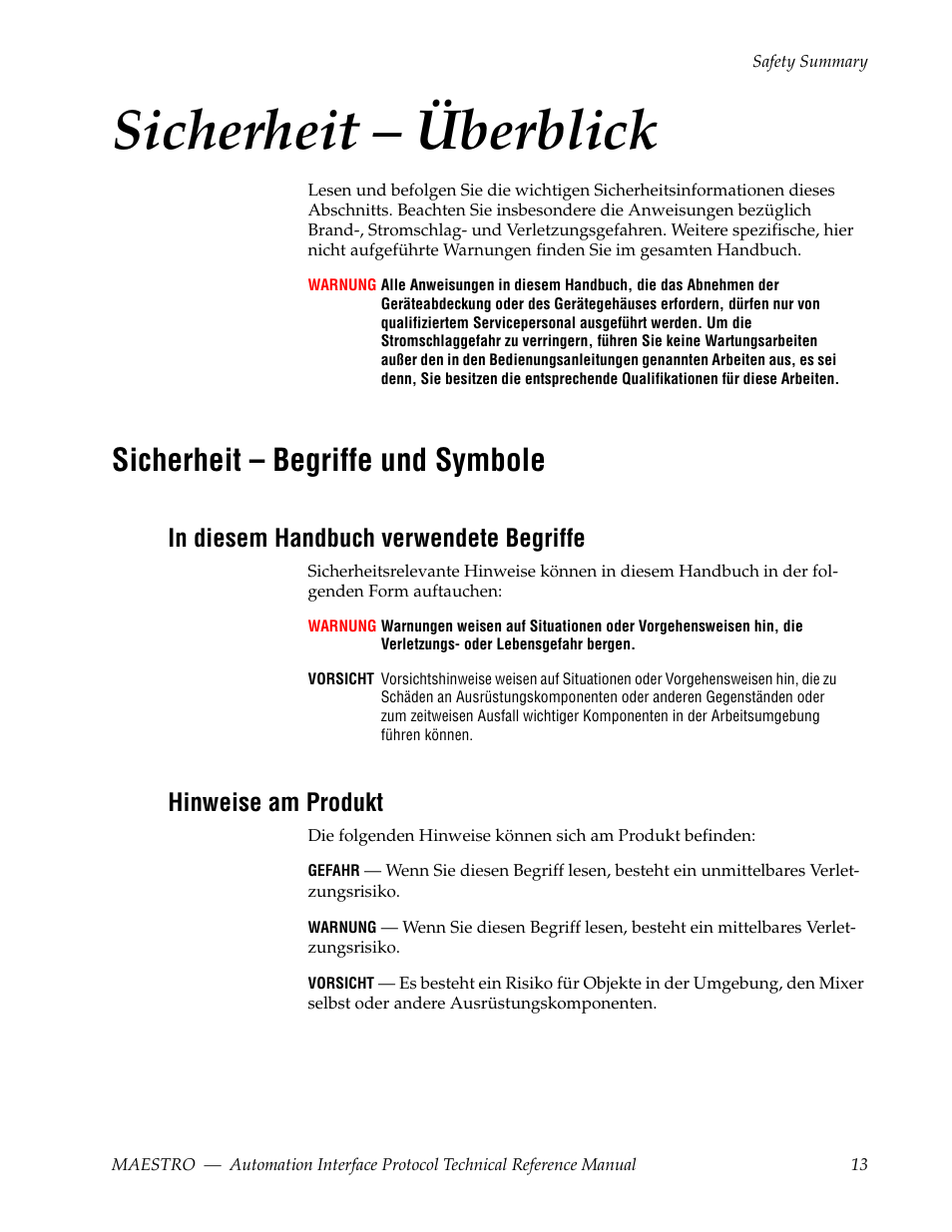 Sicherheit – überblick, Sicherheit – begriffe und symbole, Hinweise am produkt | Grass Valley Maestro Master Control Reference Manual v.2.4.0 User Manual | Page 13 / 178