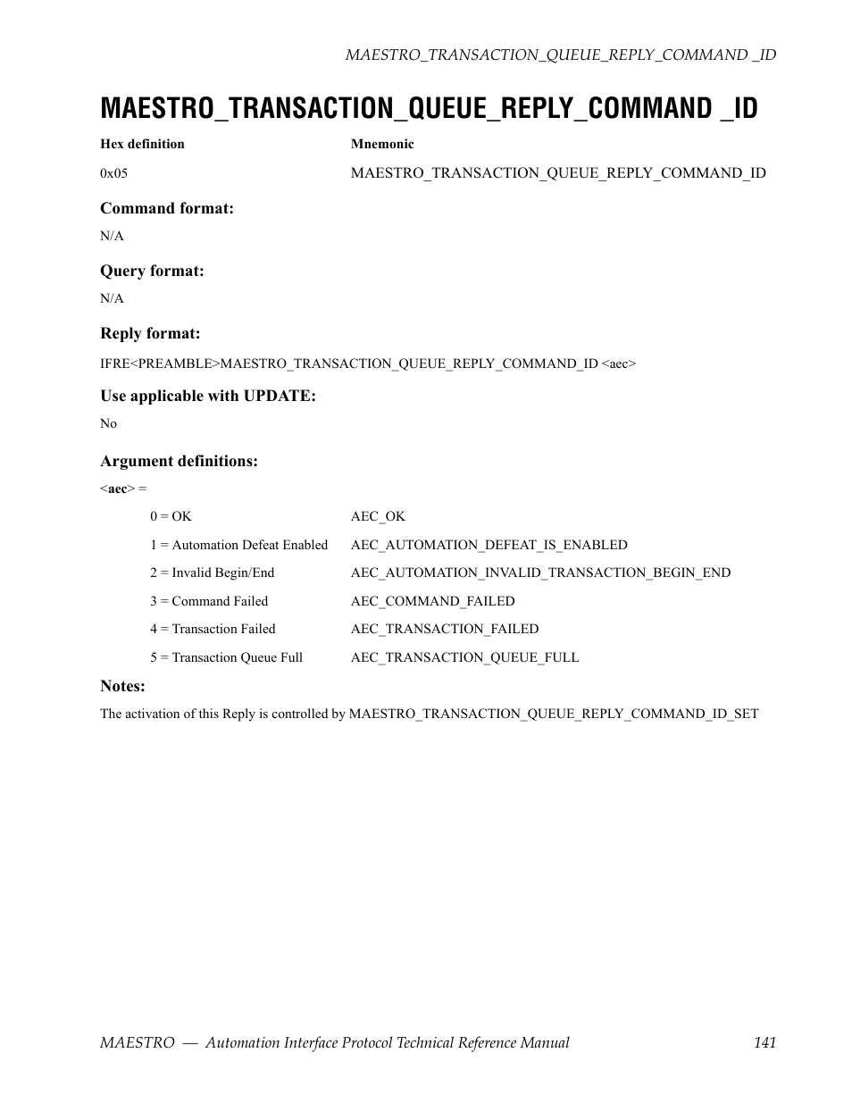 Maestro_transaction_queue_reply_command _id | Grass Valley Maestro Master Control Reference Manual v.2.4.0 User Manual | Page 141 / 178