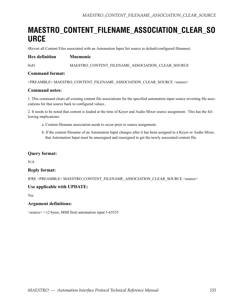 Maestro_content_filename_association_clear_so urce, Maestro_content_filename_association_clear_source | Grass Valley Maestro Master Control Reference Manual v.2.4.0 User Manual | Page 155 / 178