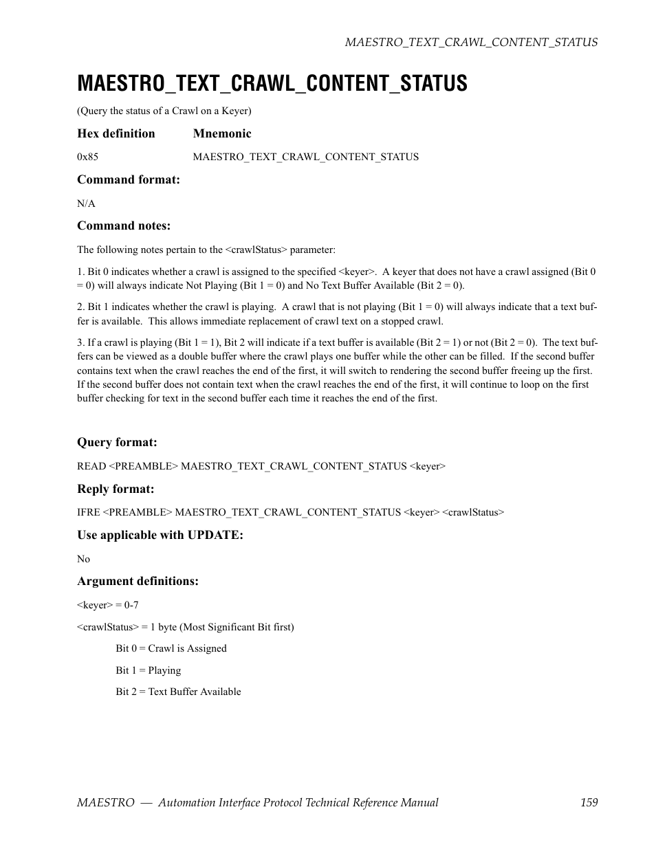 Maestro_text_crawl_content_status | Grass Valley Maestro Master Control Reference Manual v.2.4.0 User Manual | Page 159 / 178