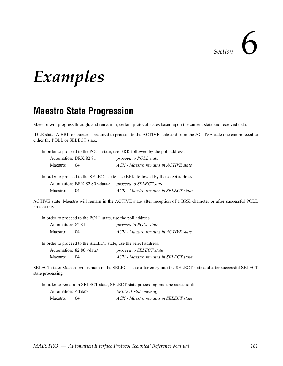 Examples, Maestro state progression, Section 6 — examples | Grass Valley Maestro Master Control Reference Manual v.2.4.0 User Manual | Page 161 / 178