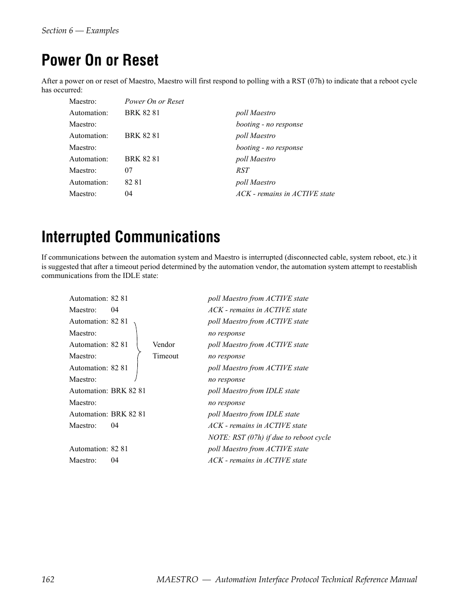 Power on or reset, Interrupted communications | Grass Valley Maestro Master Control Reference Manual v.2.4.0 User Manual | Page 162 / 178