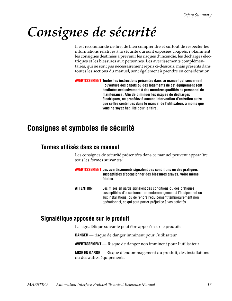 Consignes de sécurité, Consignes et symboles de sécurité, Termes utilisés dans ce manuel | Signalétique apposée sur le produit | Grass Valley Maestro Master Control Reference Manual v.2.4.0 User Manual | Page 17 / 178