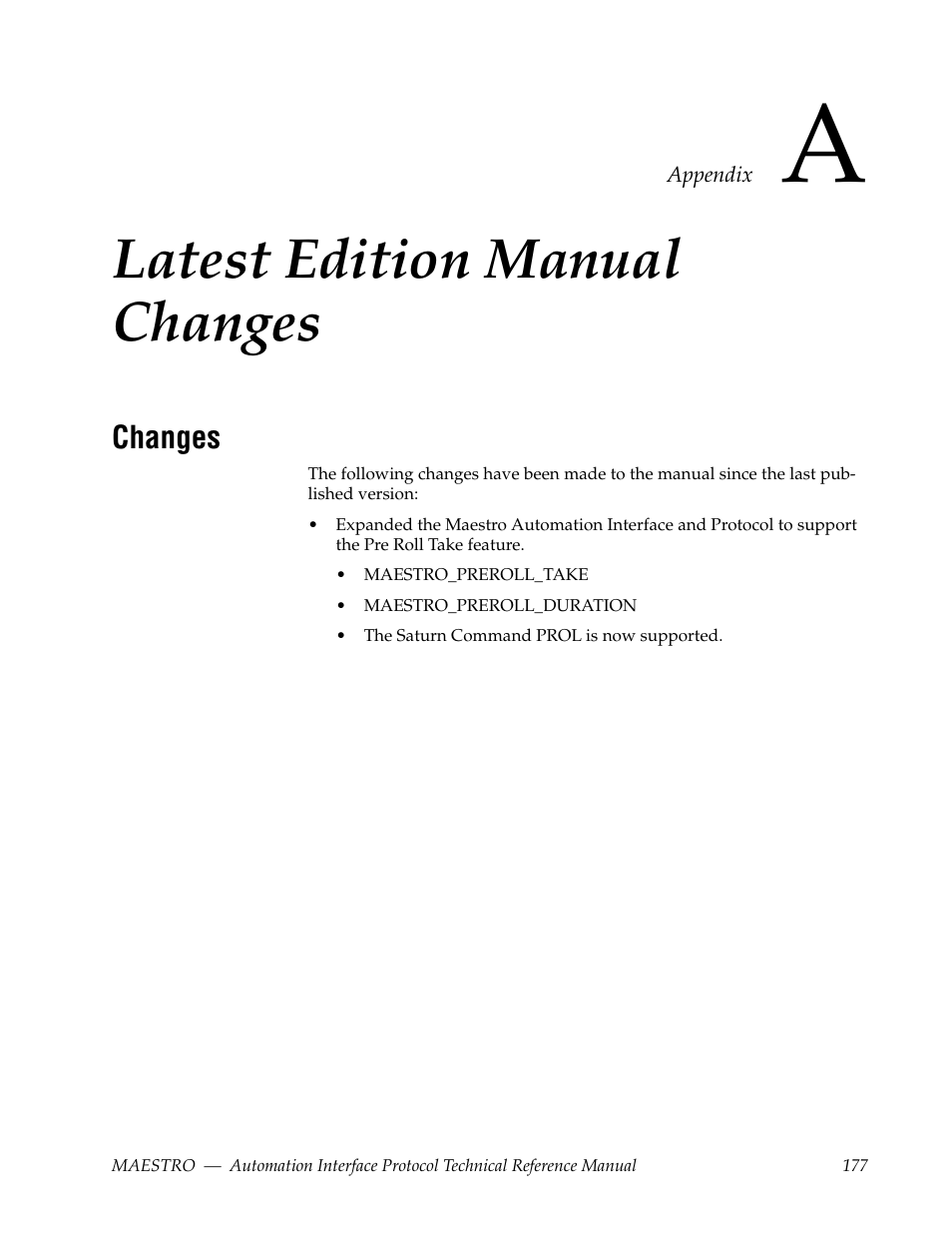 Latest edition manual changes, Changes, Appendix a — latest edition manual changes | Grass Valley Maestro Master Control Reference Manual v.2.4.0 User Manual | Page 177 / 178