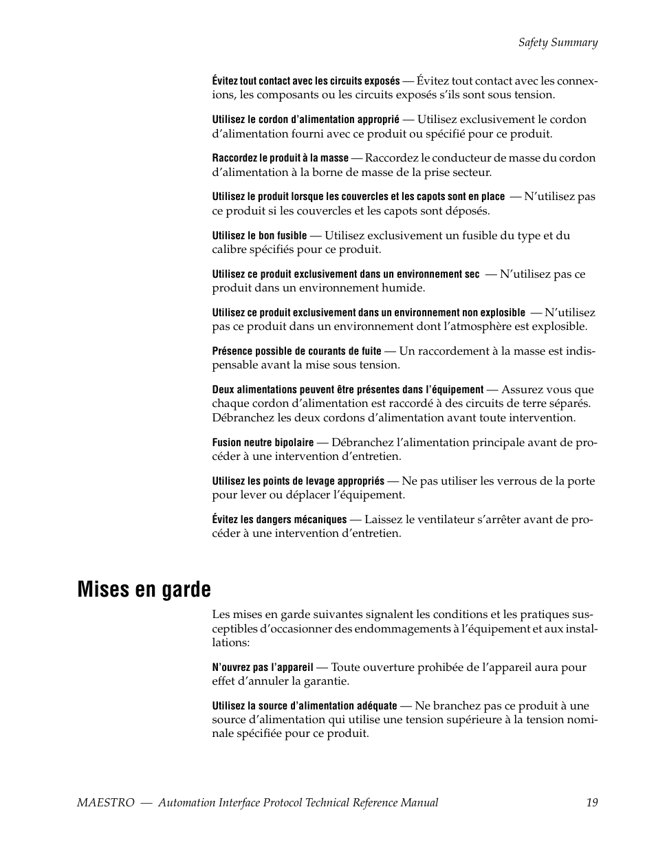 Mises en garde | Grass Valley Maestro Master Control Reference Manual v.2.4.0 User Manual | Page 19 / 178