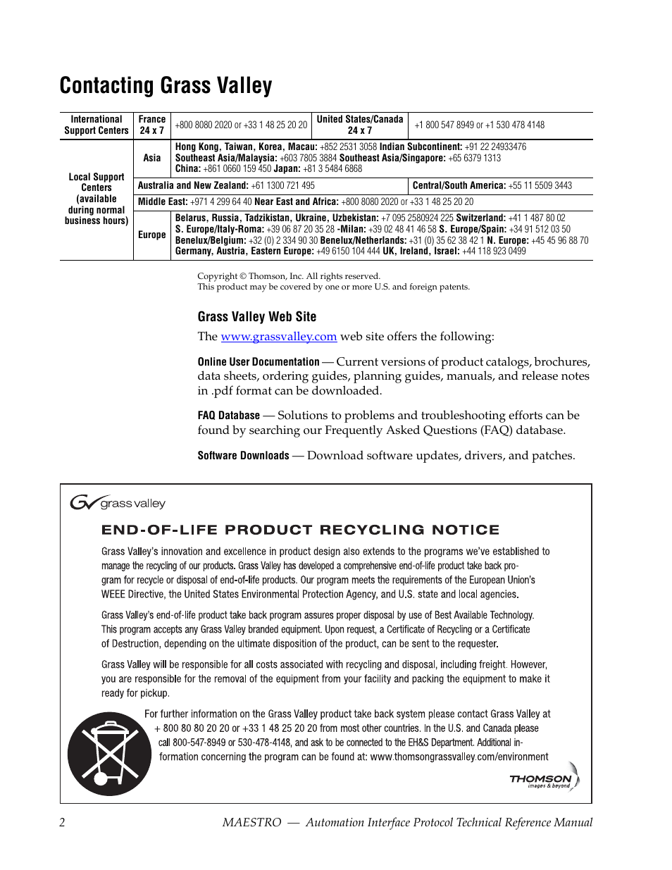 Contacting grass valley | Grass Valley Maestro Master Control Reference Manual v.2.4.0 User Manual | Page 2 / 178