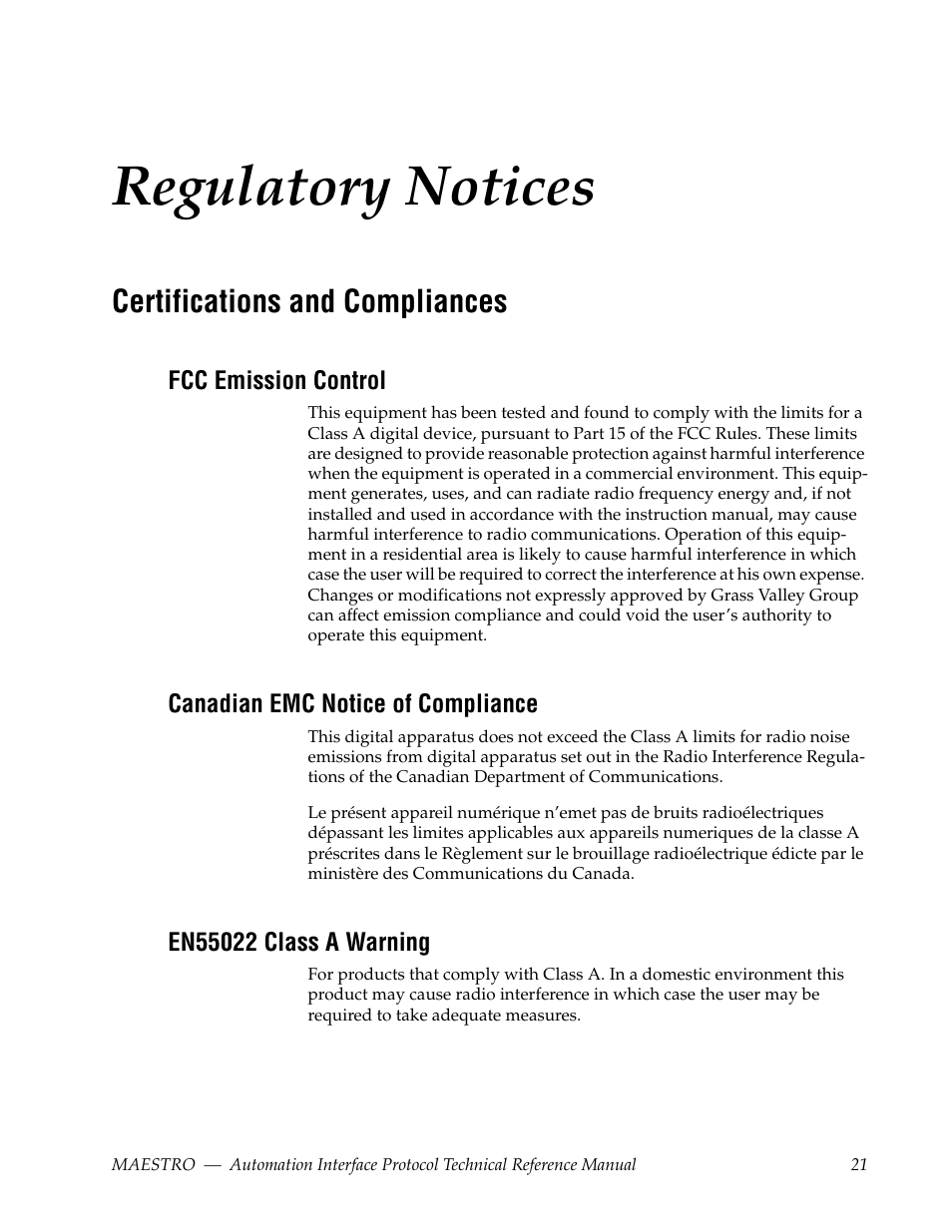 Regulatory notices, Certifications and compliances, Fcc emission control | Canadian emc notice of compliance, En55022 class a warning | Grass Valley Maestro Master Control Reference Manual v.2.4.0 User Manual | Page 21 / 178