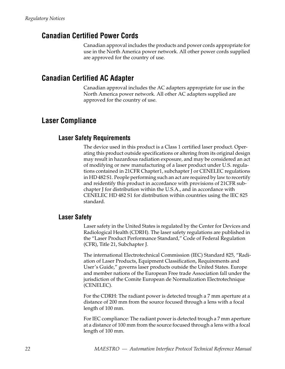 Canadian certified power cords, Canadian certified ac adapter, Laser compliance | Laser safety requirements, Laser safety | Grass Valley Maestro Master Control Reference Manual v.2.4.0 User Manual | Page 22 / 178