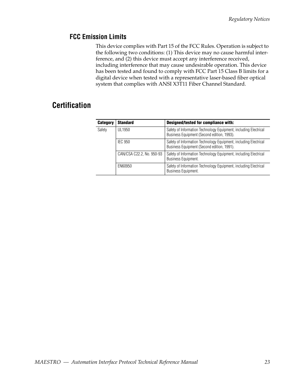 Fcc emission limits, Certification | Grass Valley Maestro Master Control Reference Manual v.2.4.0 User Manual | Page 23 / 178