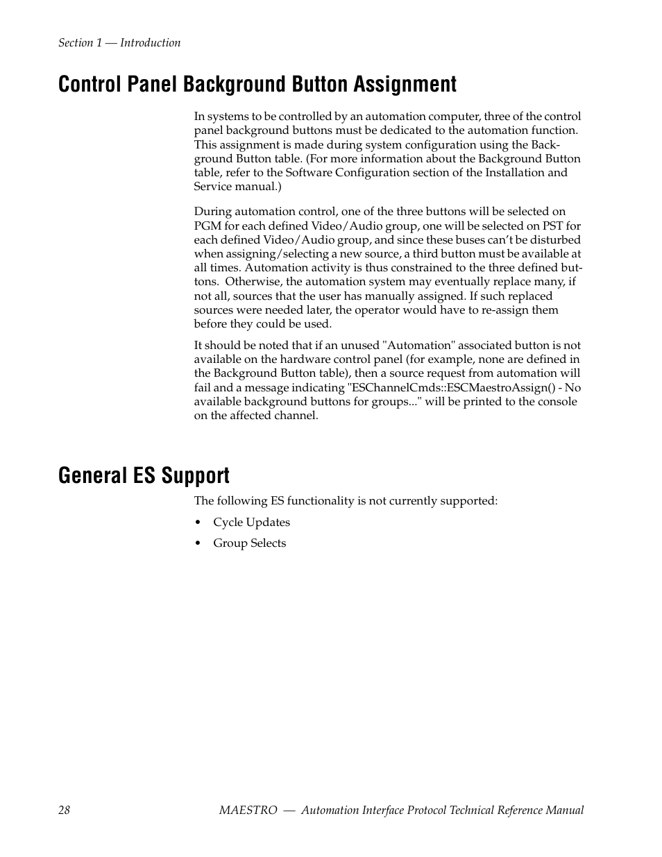 Control panel background button assignment, General es support | Grass Valley Maestro Master Control Reference Manual v.2.4.0 User Manual | Page 28 / 178