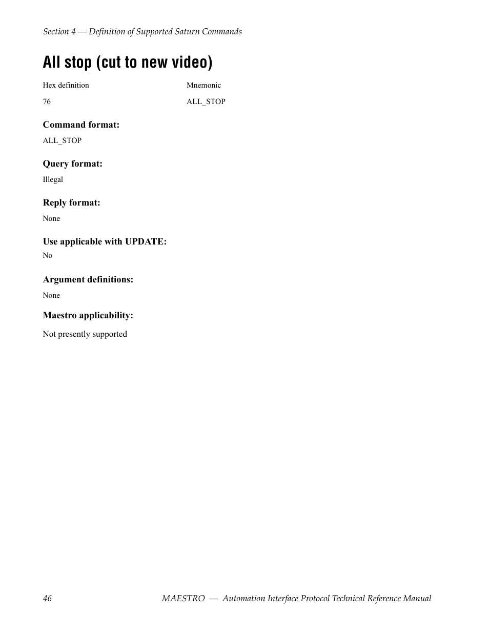 All stop (cut to new video) | Grass Valley Maestro Master Control Reference Manual v.2.4.0 User Manual | Page 46 / 178