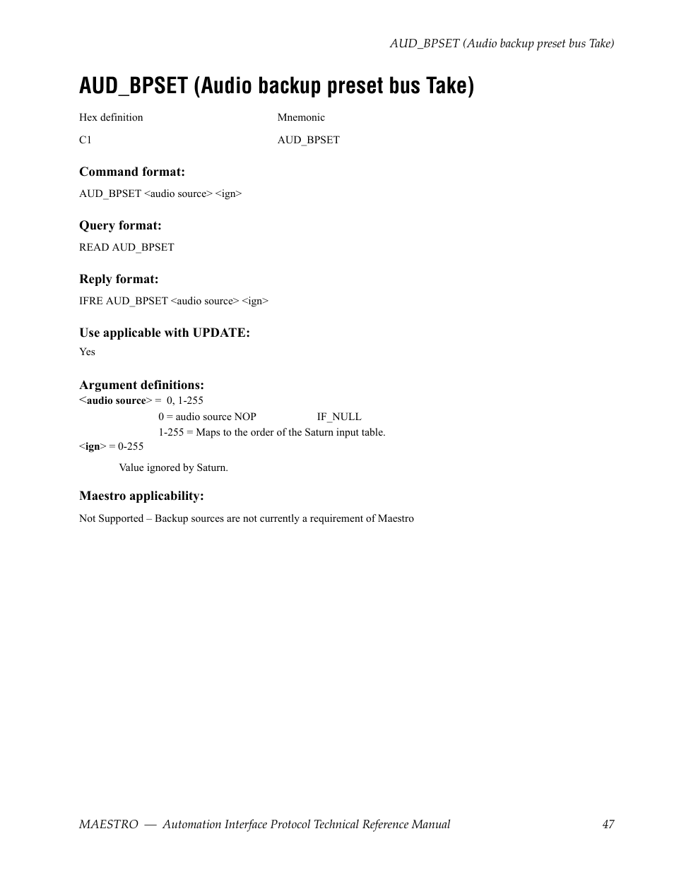 Aud_bpset (audio backup preset bus take) | Grass Valley Maestro Master Control Reference Manual v.2.4.0 User Manual | Page 47 / 178