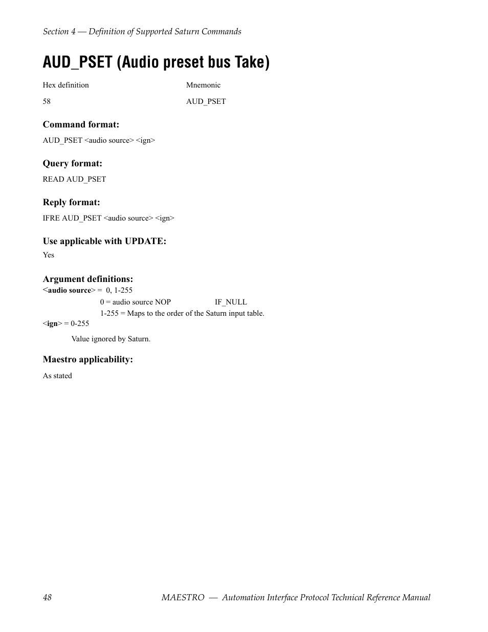 Aud_pset (audio preset bus take) | Grass Valley Maestro Master Control Reference Manual v.2.4.0 User Manual | Page 48 / 178