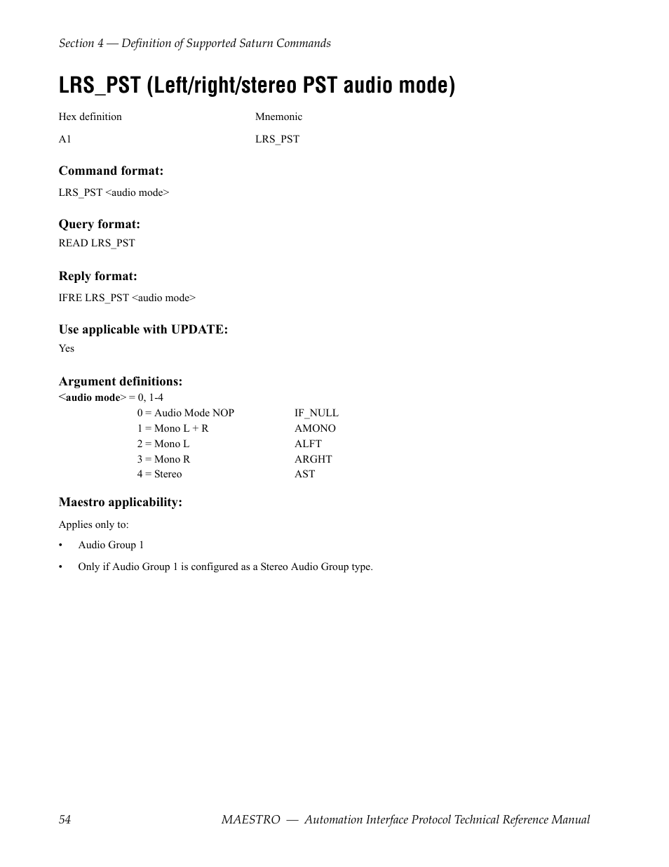 Lrs_pst (left/right/stereo pst audio mode) | Grass Valley Maestro Master Control Reference Manual v.2.4.0 User Manual | Page 54 / 178