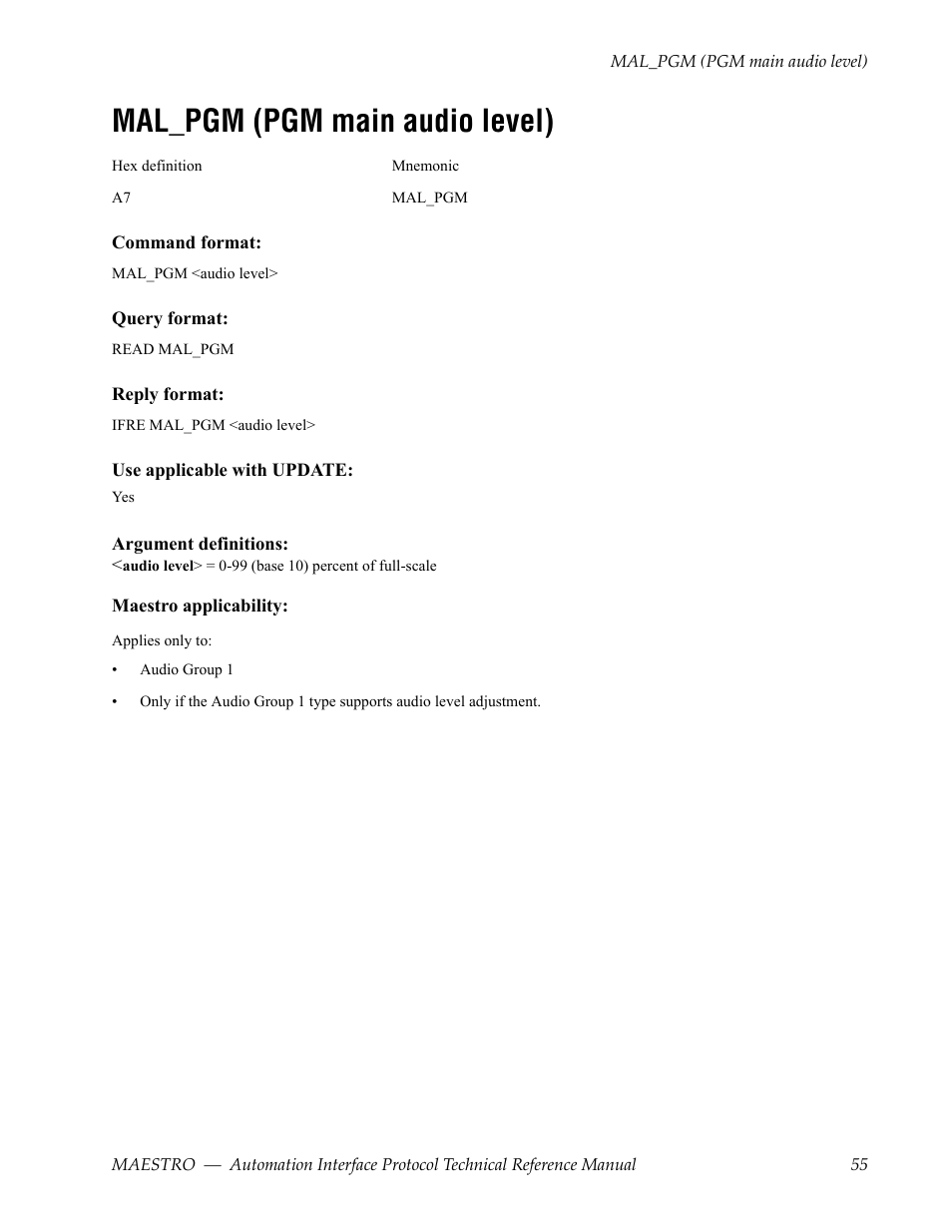 Mal_pgm (pgm main audio level) | Grass Valley Maestro Master Control Reference Manual v.2.4.0 User Manual | Page 55 / 178