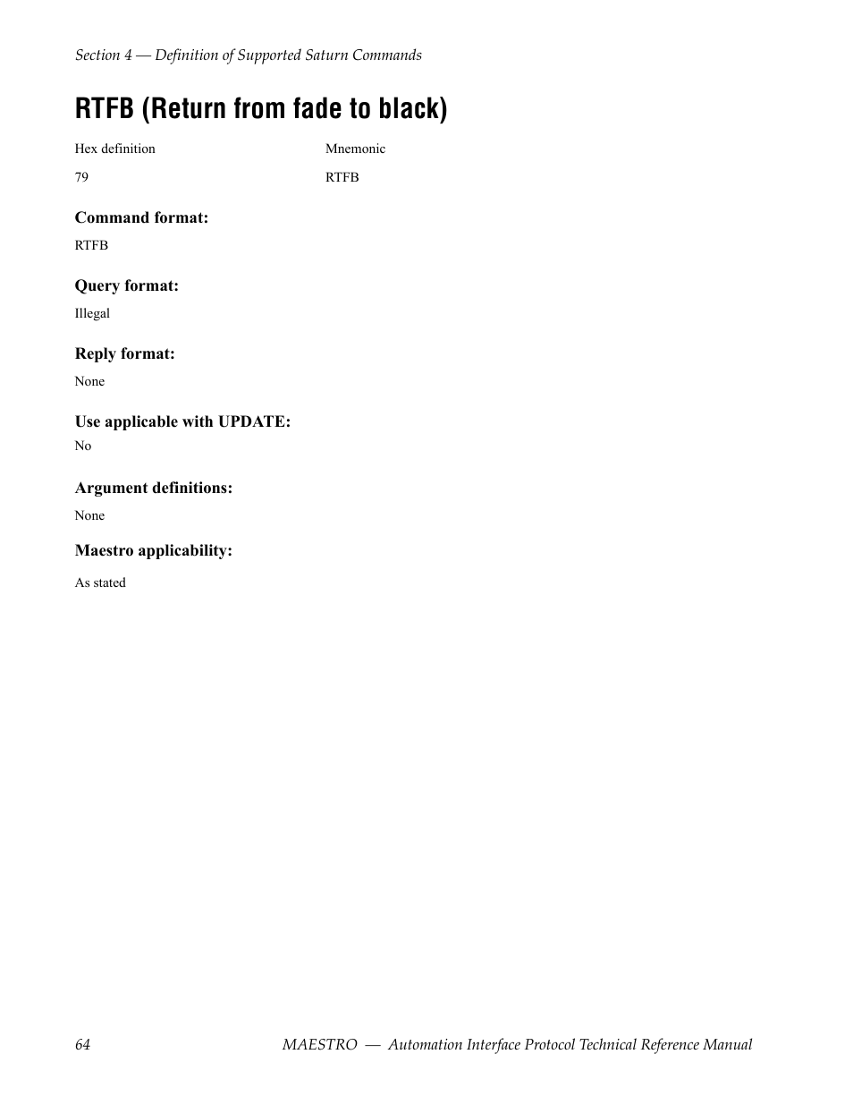 Rtfb (return from fade to black) | Grass Valley Maestro Master Control Reference Manual v.2.4.0 User Manual | Page 64 / 178