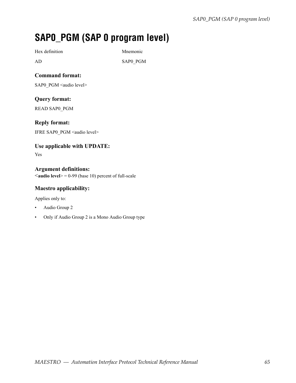 Sap0_pgm (sap 0 program level) | Grass Valley Maestro Master Control Reference Manual v.2.4.0 User Manual | Page 65 / 178