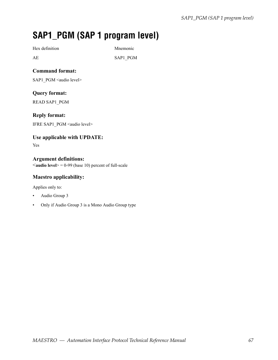 Sap1_pgm (sap 1 program level) | Grass Valley Maestro Master Control Reference Manual v.2.4.0 User Manual | Page 67 / 178