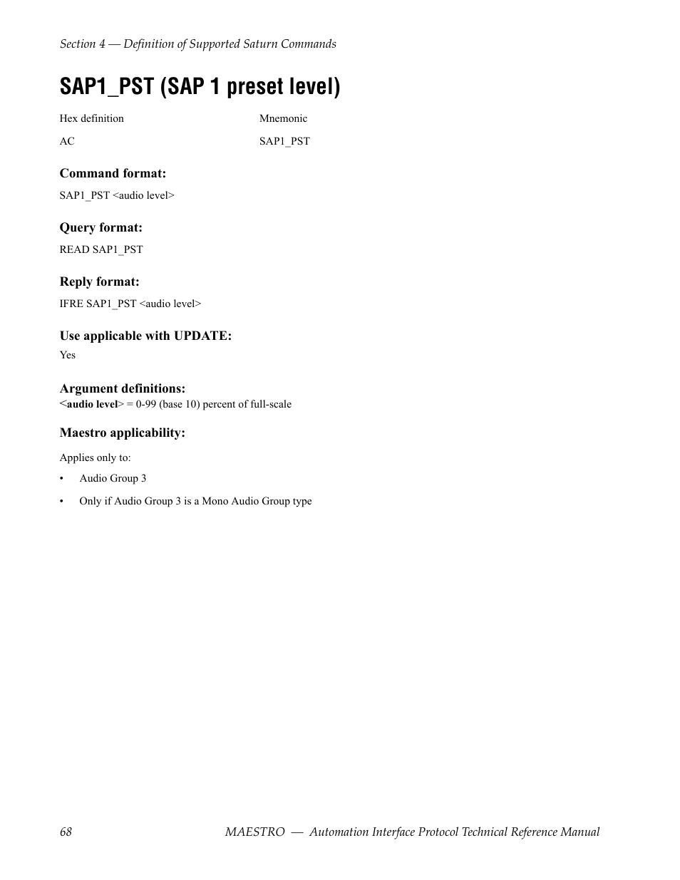 Sap1_pst (sap 1 preset level) | Grass Valley Maestro Master Control Reference Manual v.2.4.0 User Manual | Page 68 / 178