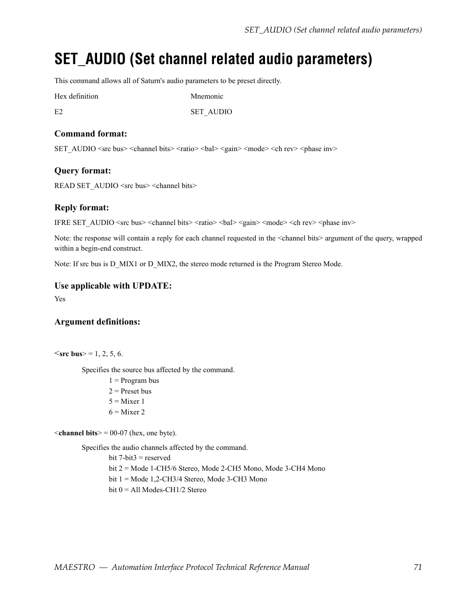 Set_audio (set channel related audio parameters) | Grass Valley Maestro Master Control Reference Manual v.2.4.0 User Manual | Page 71 / 178