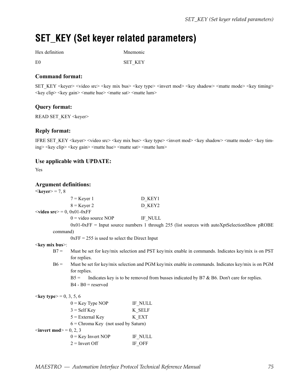 Set_key (set keyer related parameters) | Grass Valley Maestro Master Control Reference Manual v.2.4.0 User Manual | Page 75 / 178