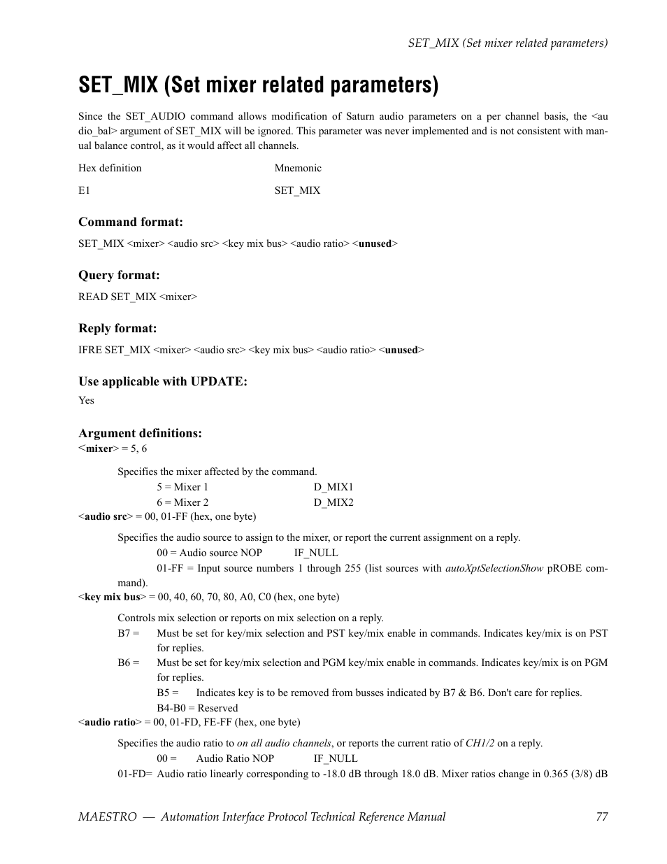 Set_mix (set mixer related parameters) | Grass Valley Maestro Master Control Reference Manual v.2.4.0 User Manual | Page 77 / 178