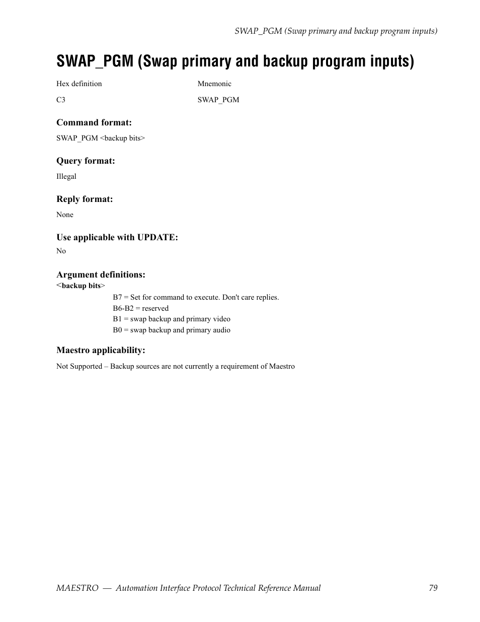 Swap_pgm (swap primary and backup program inputs) | Grass Valley Maestro Master Control Reference Manual v.2.4.0 User Manual | Page 79 / 178