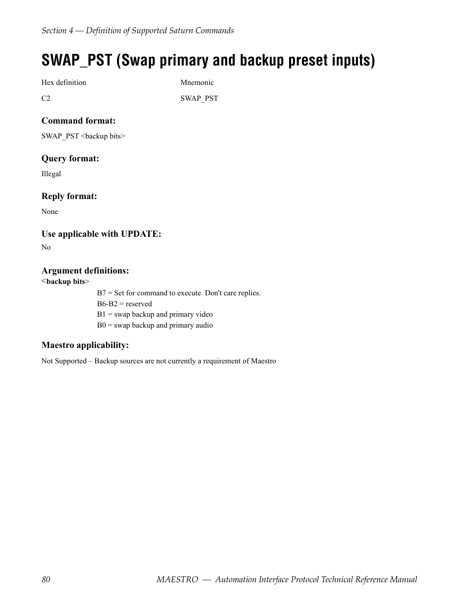 Swap_pst (swap primary and backup preset inputs) | Grass Valley Maestro Master Control Reference Manual v.2.4.0 User Manual | Page 80 / 178
