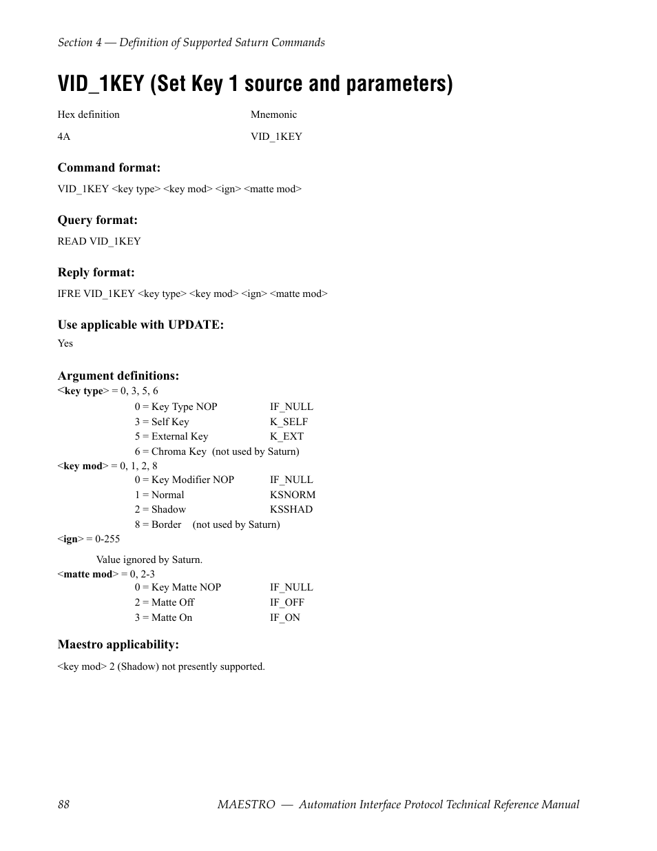 Vid_1key (set key 1 source and parameters) | Grass Valley Maestro Master Control Reference Manual v.2.4.0 User Manual | Page 88 / 178