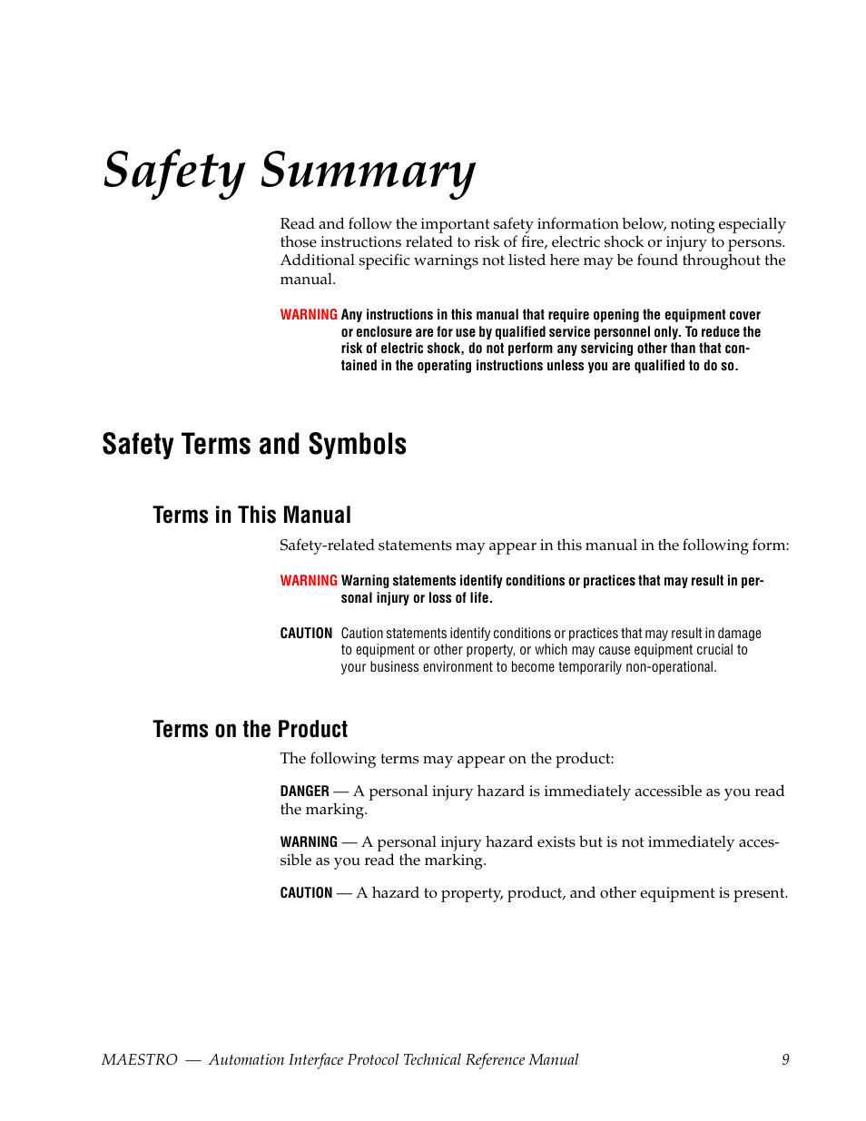 Safety summary, Safety terms and symbols, Terms in this manual | Terms on the product | Grass Valley Maestro Master Control Reference Manual v.2.4.0 User Manual | Page 9 / 178