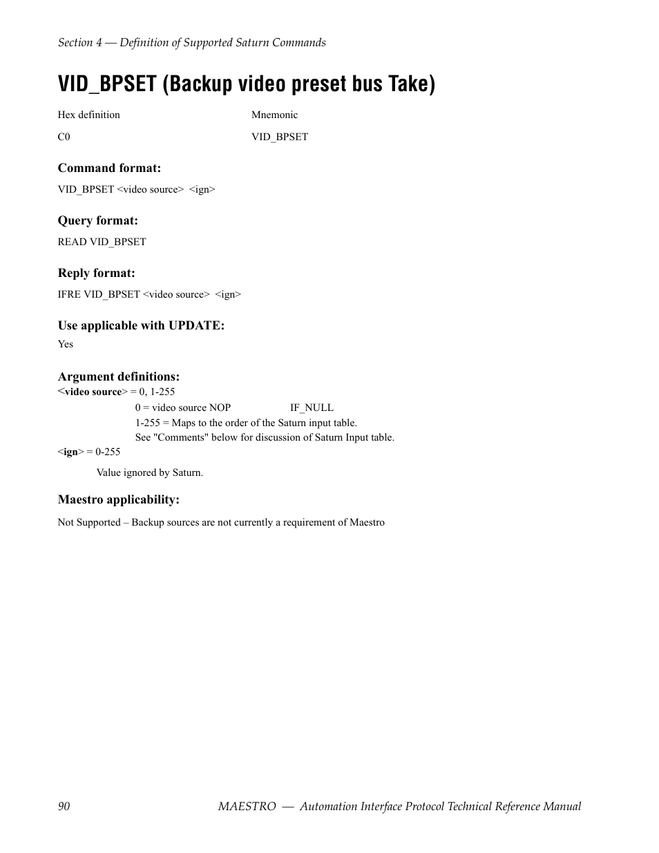 Vid_bpset (backup video preset bus take) | Grass Valley Maestro Master Control Reference Manual v.2.4.0 User Manual | Page 90 / 178