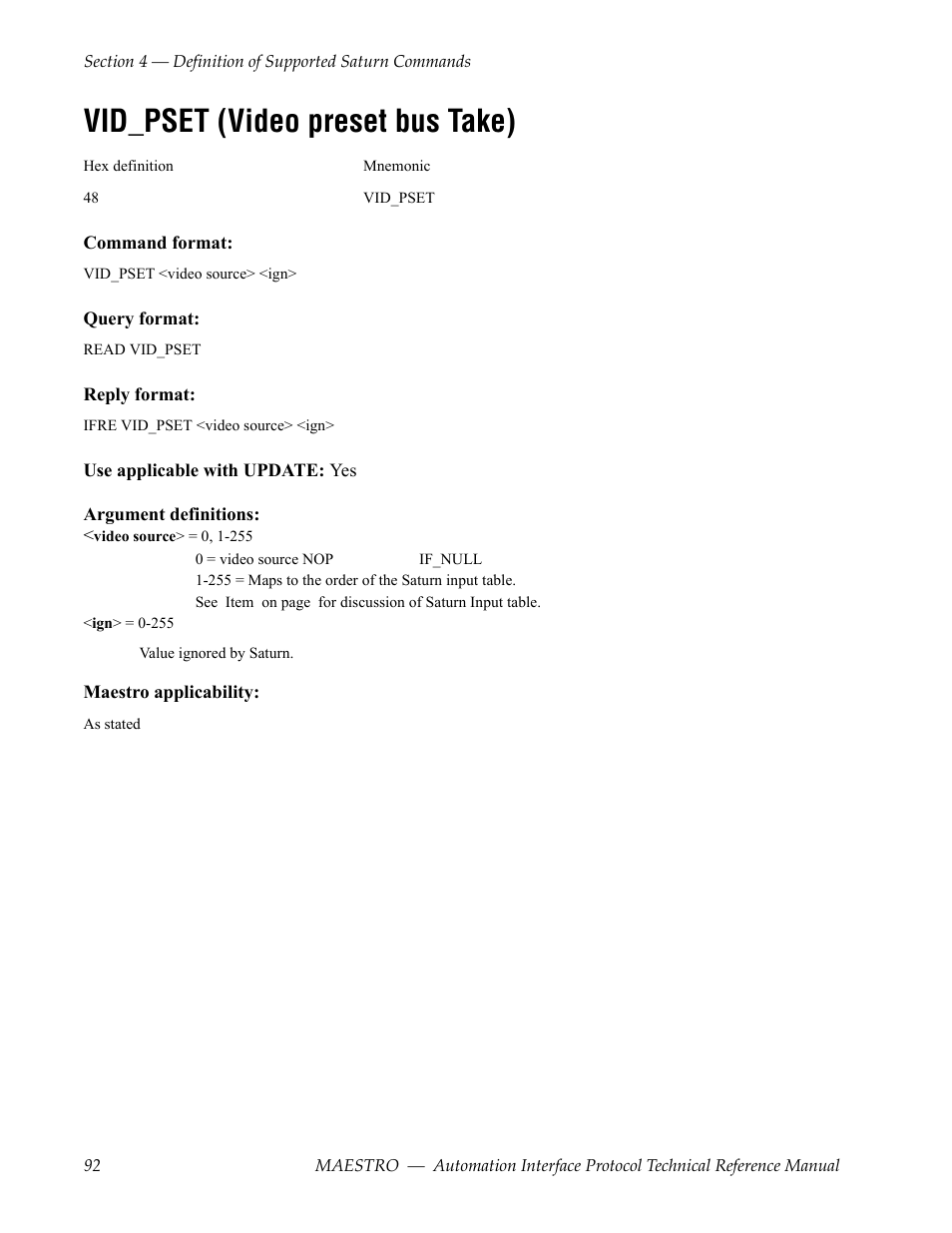 Vid_pset (video preset bus take) | Grass Valley Maestro Master Control Reference Manual v.2.4.0 User Manual | Page 92 / 178