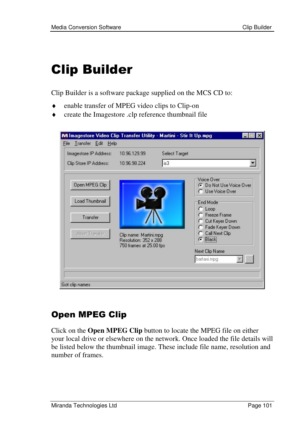 Clip builder, Open mpeg clip | Grass Valley Media Conversion User Manual | Page 101 / 154