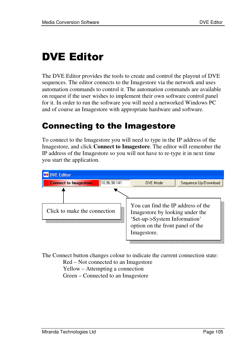 Dve editor, Connecting to the imagestore | Grass Valley Media Conversion User Manual | Page 105 / 154