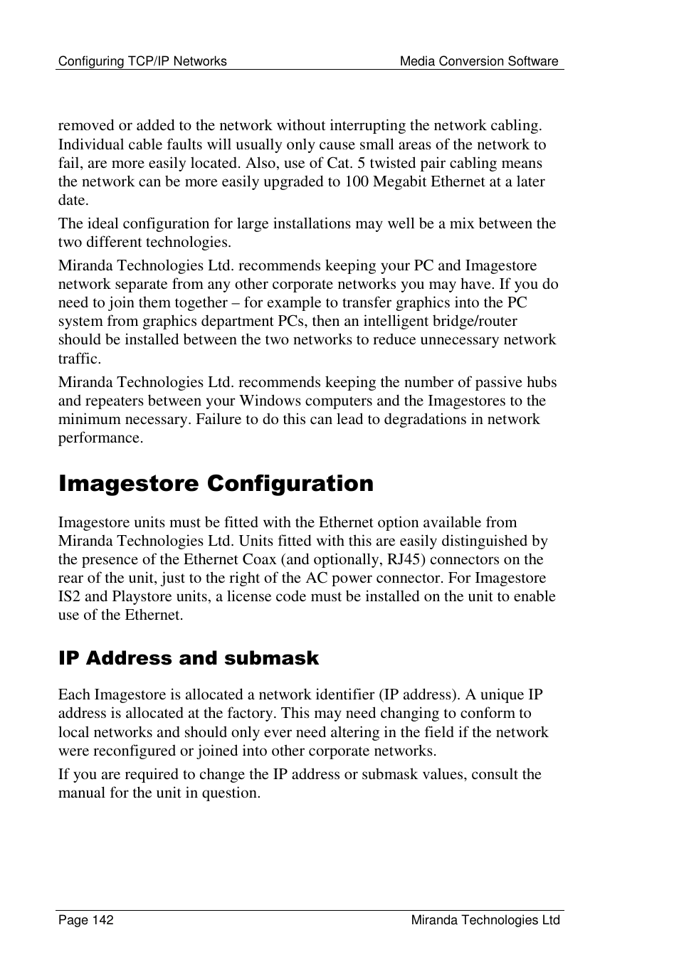 Imagestore configuration, Ip address and submask | Grass Valley Media Conversion User Manual | Page 142 / 154