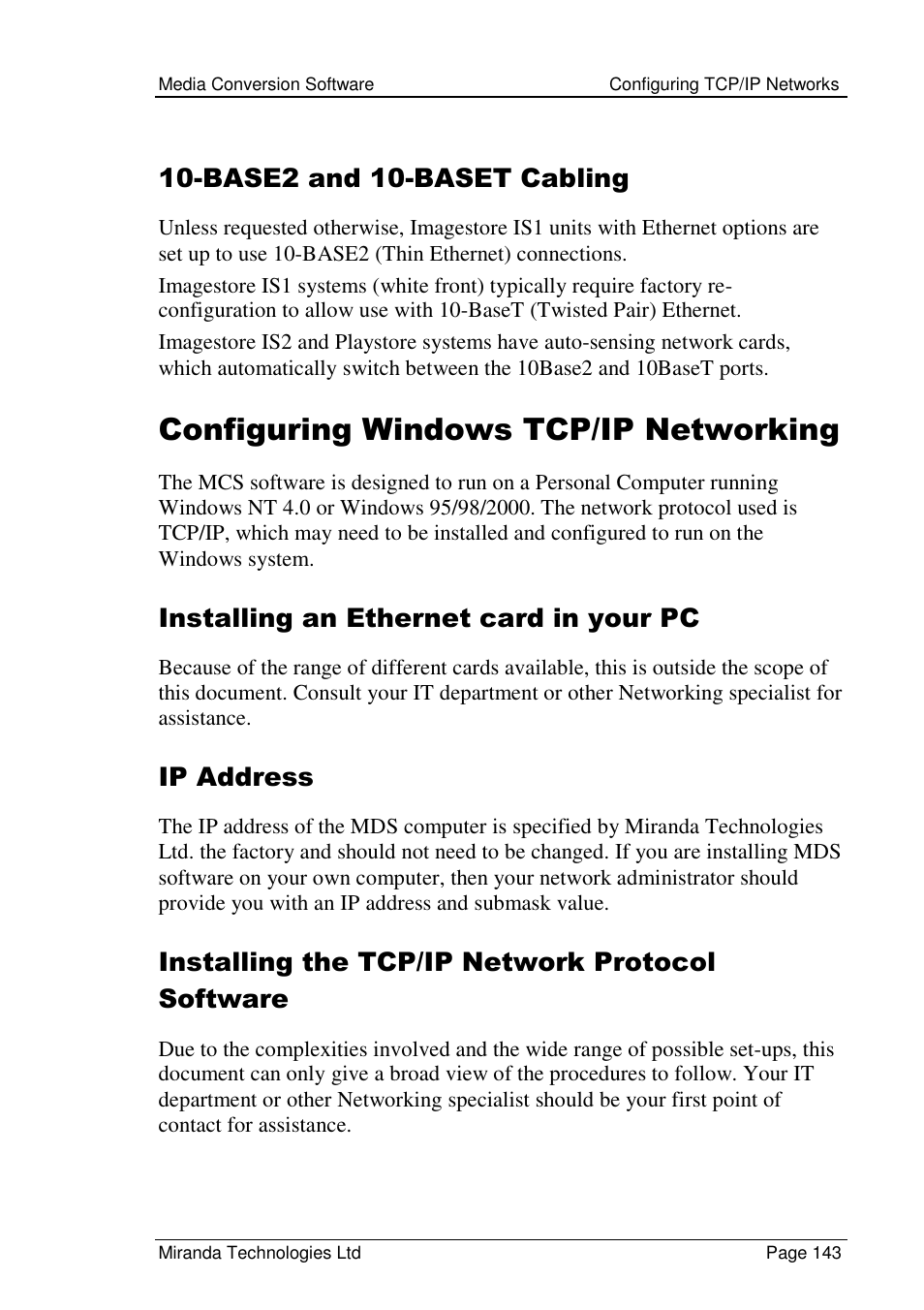 Configuring windows tcp/ip networking, Base2 and 10-baset cabling, Installing an ethernet card in your pc | Ip address, Installing the tcp/ip network protocol software | Grass Valley Media Conversion User Manual | Page 143 / 154