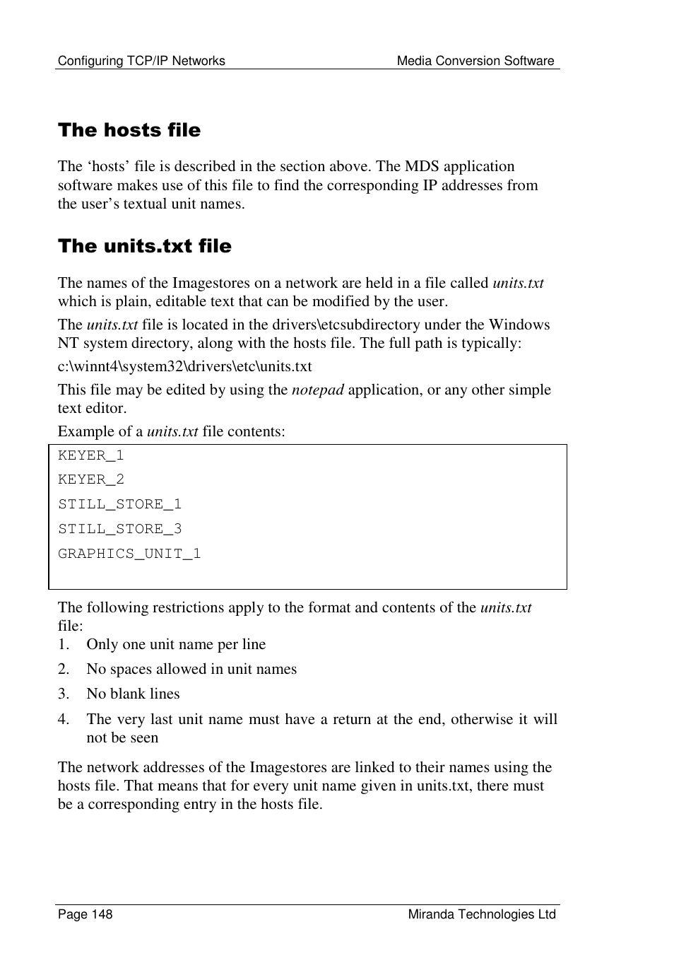 The hosts file, The units.txt file | Grass Valley Media Conversion User Manual | Page 148 / 154