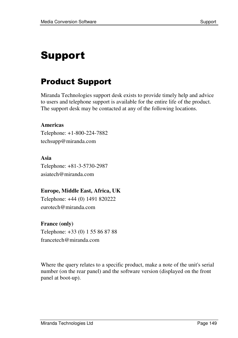 Support, Product support | Grass Valley Media Conversion User Manual | Page 149 / 154
