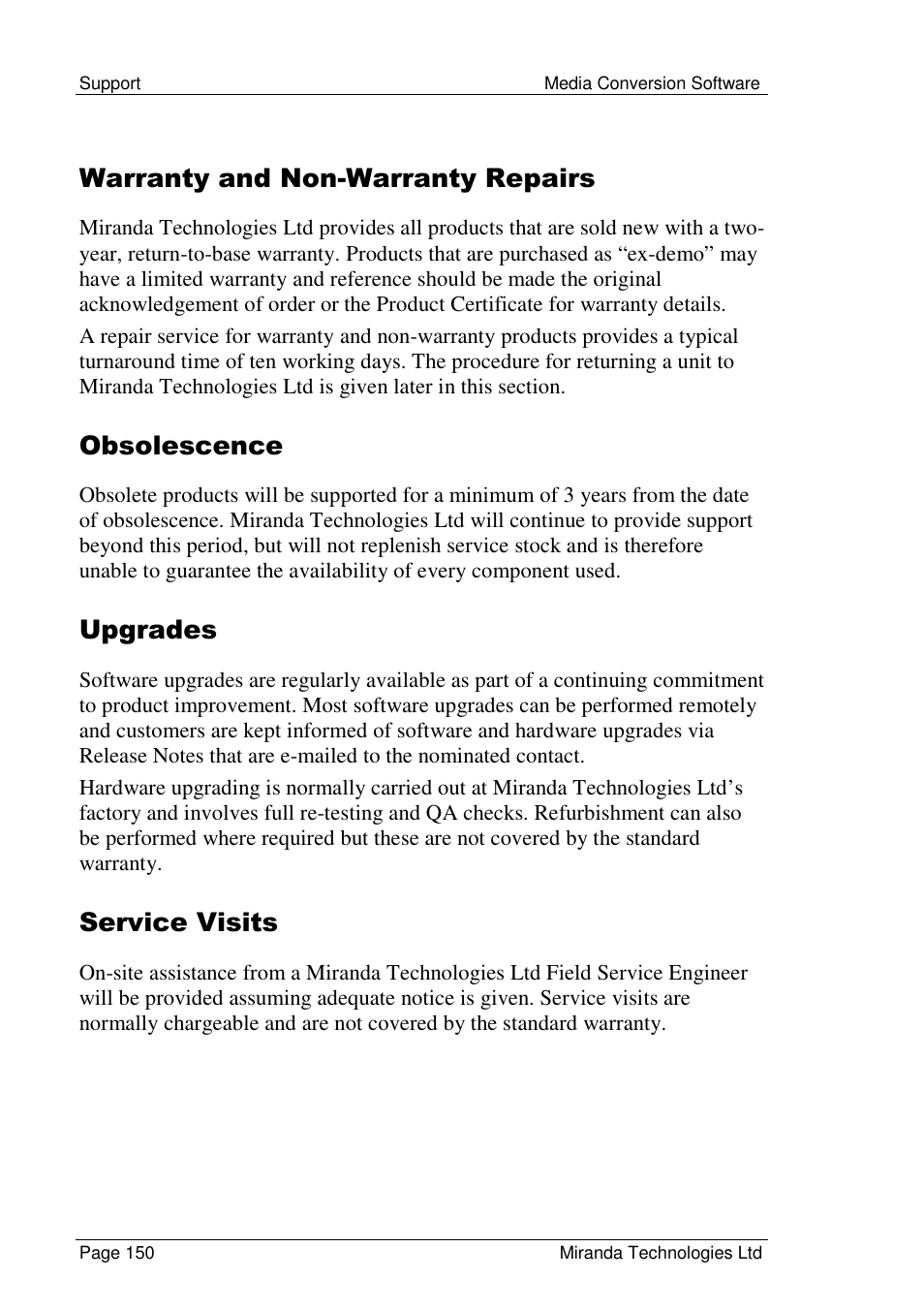 Warranty and non-warranty repairs, Obsolescence, Upgrades | Service visits | Grass Valley Media Conversion User Manual | Page 150 / 154